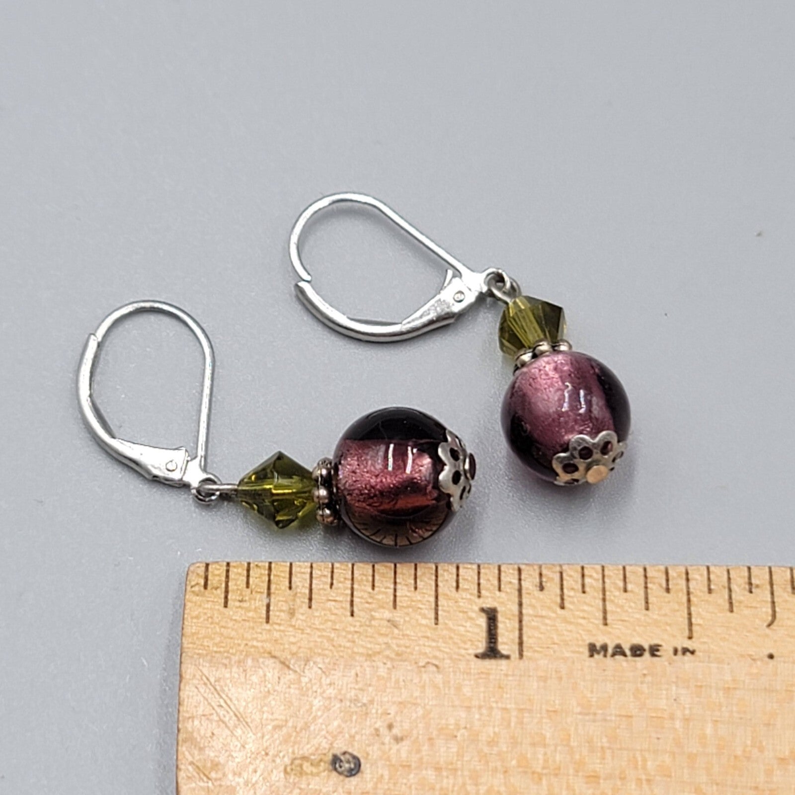 Glass Bead Pierced Earrings Purple Green Silver tone Dangle Leverback 7/8"