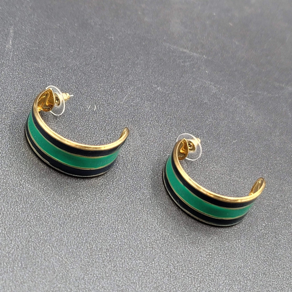 Vintage Pierced Earrings Gold tone Green Black Enamel Hoops 1.25"