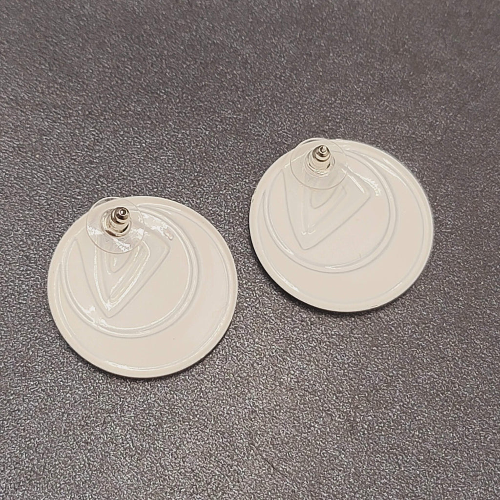 Vintage Pierced Earrings Peach White Enamel over Metal Round Drop 1.25"