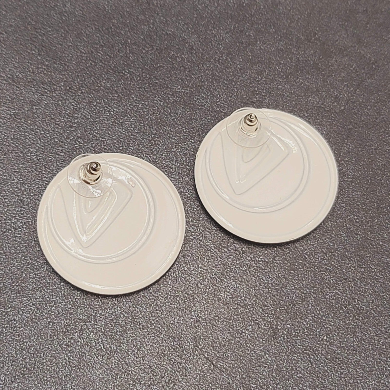 Vintage Pierced Earrings Peach White Enamel over Metal Round Drop 1.25"