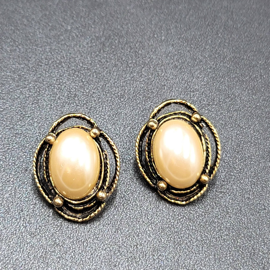 Vintage Pierced Earrings Gold tone White Cabochon Oval Drop 1"