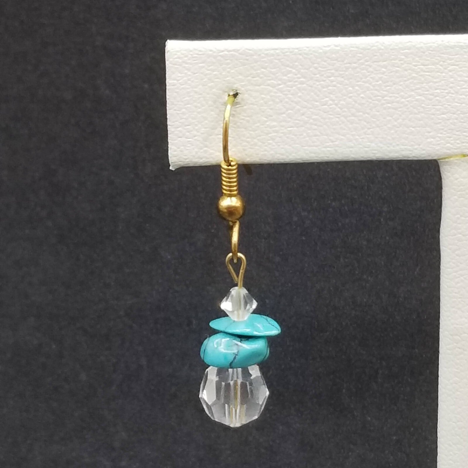 Pierced Earrings Gold tone Crystal Faceted Stone Turquoise Beaded Dangle 3/4"