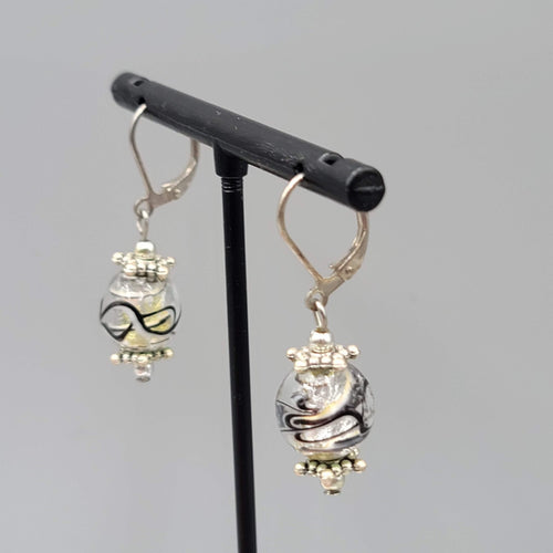 Clear Black Swirl Glass Bead Pierced Earrings Silver tone Dangle 3/4"