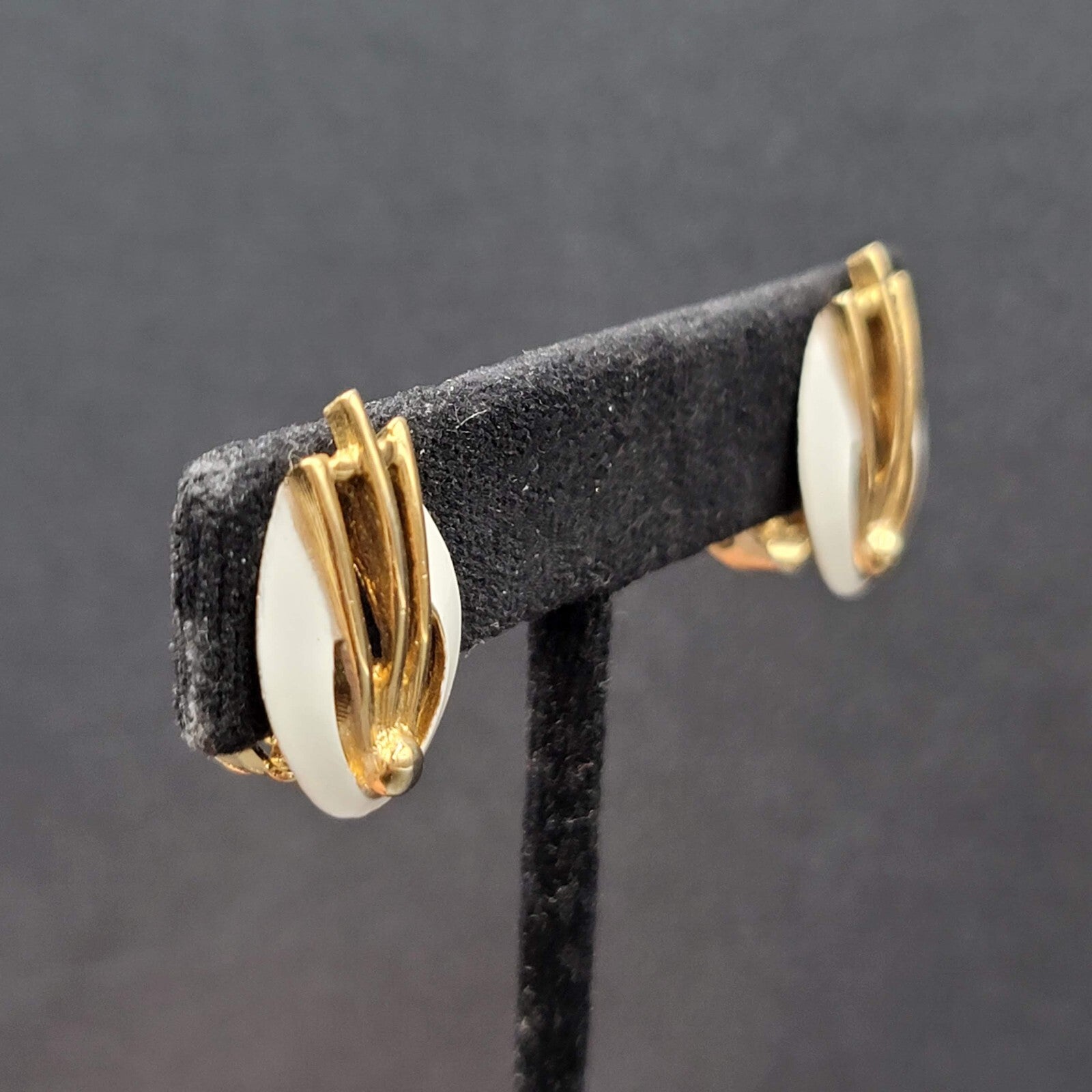 Vintage Clip on Earrings Gold tone White Enamel Studs 7/8"
