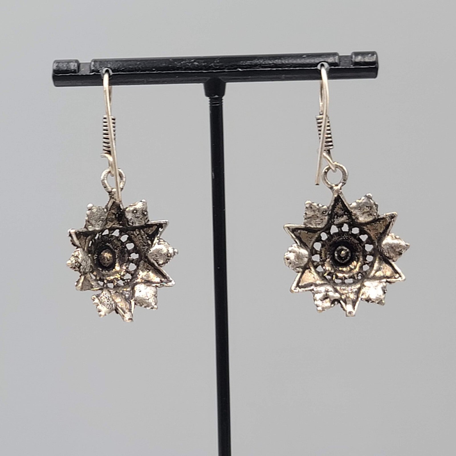 Oxidized Silver tone Pierced Earrings Boho Ethnic Ornate Dangle 1"