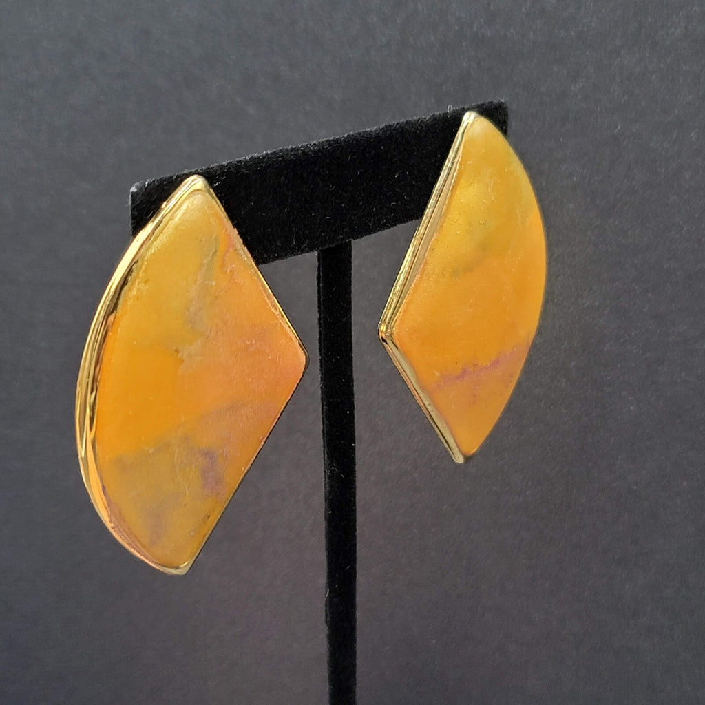Vintage Pierced Earrings Yellow Enamel Gold tone Large Statement 1980s 2"
