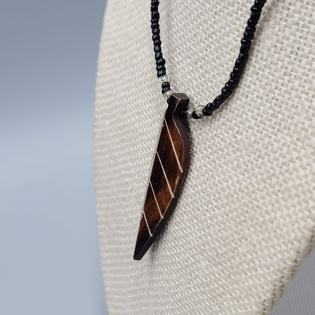Hand Carved Leaf Pendant Necklace Black Seed Bead 16"