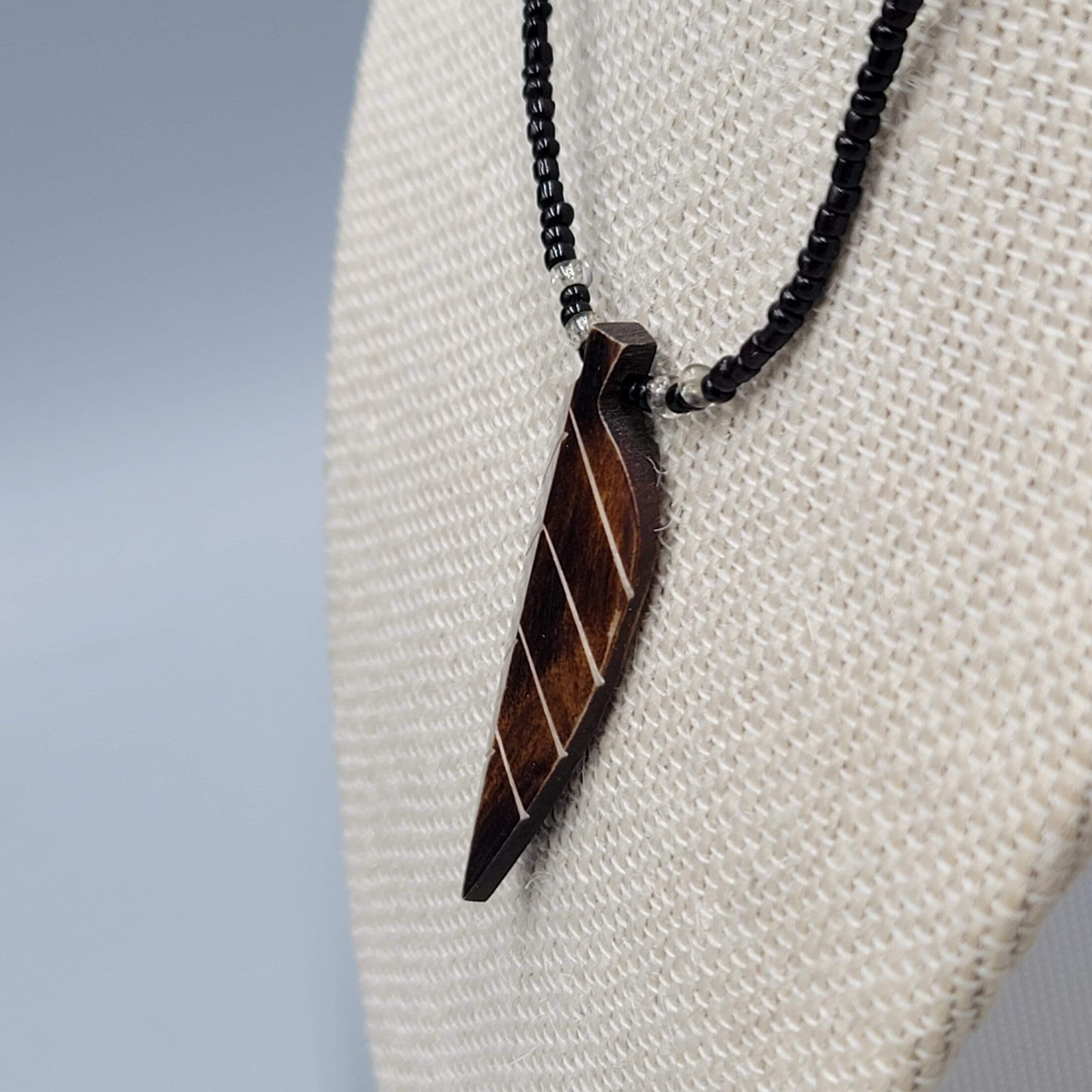 Hand Carved Leaf Pendant Necklace Black Seed Bead 16"