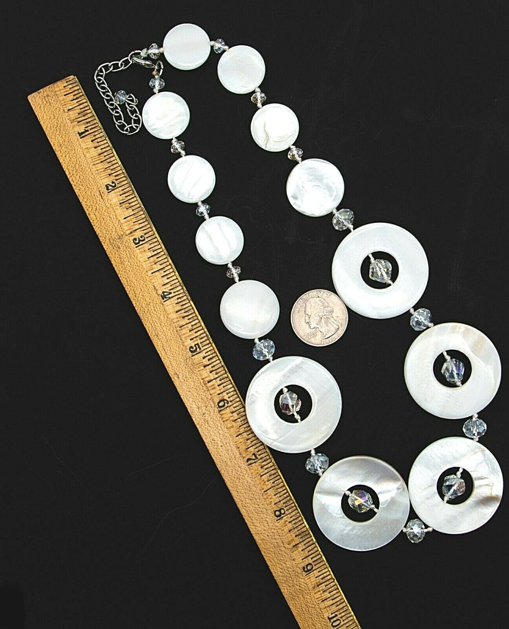 Mother of Pearl Necklace Circle Bead Hand Knotted Crystal Silver tone 21" - 23"
