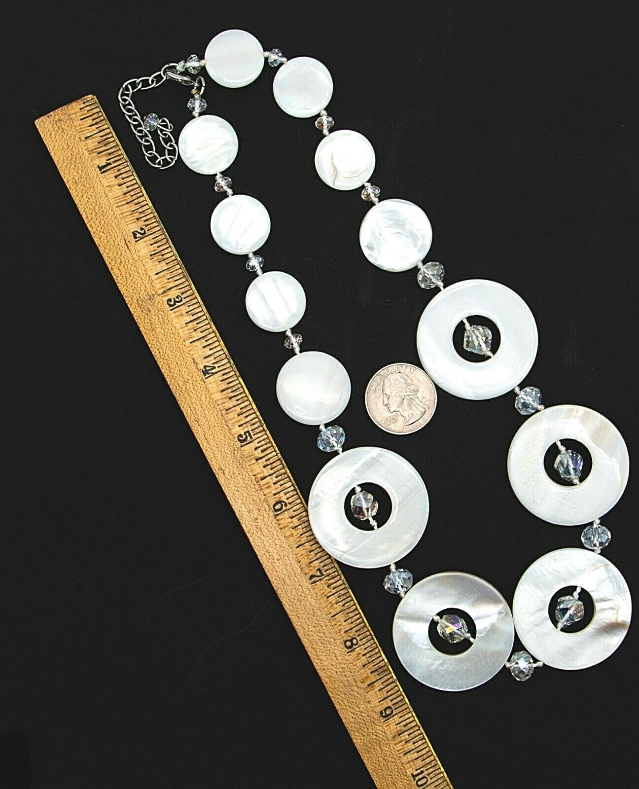 Mother of Pearl Necklace Circle Bead Hand Knotted Crystal Silver tone 21" - 23"