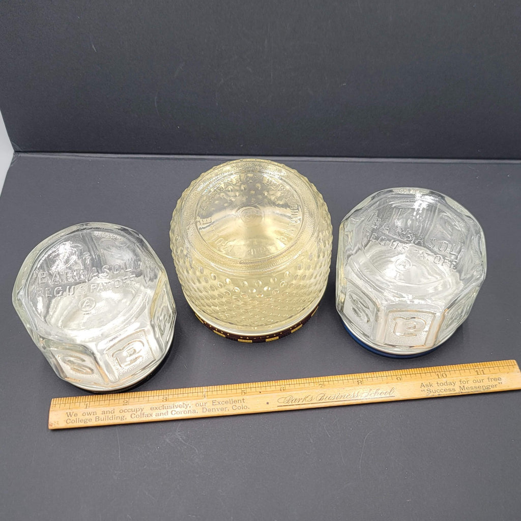 Lot of 3 Vintage Molle Barbosol Shaving Cream Embossed Glass Jars