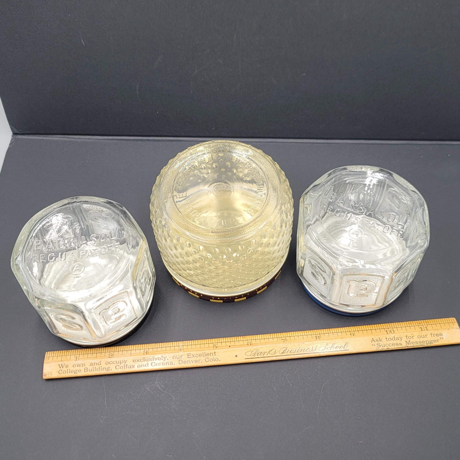Lot of 3 Vintage Molle Barbosol Shaving Cream Embossed Glass Jars