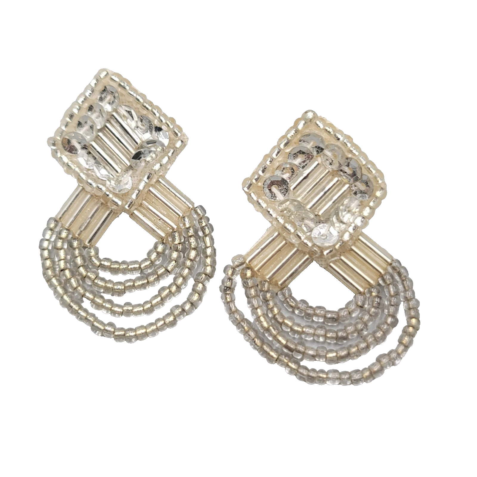 Vintage White Leather Pierced Earrings Silver tone Seed Beads Statement 1.5 in