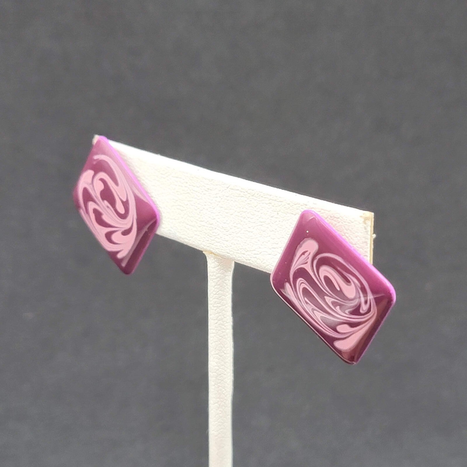Vintage Pierced Earrings Purple Swirl Enamel over Metal Square Drop 1"