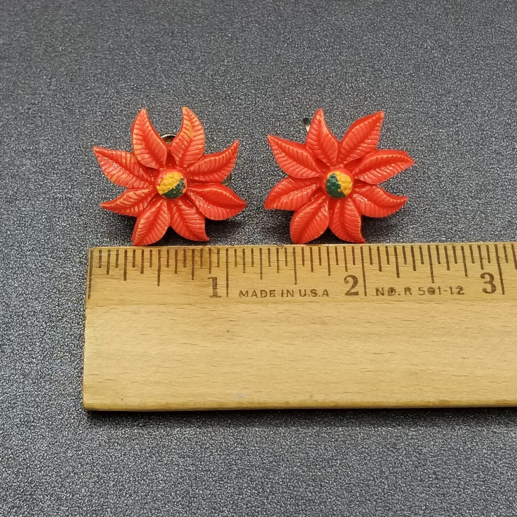 Vintage Clip On Red Acrylic Poinsettia Christmas Stud 1 1/8"
