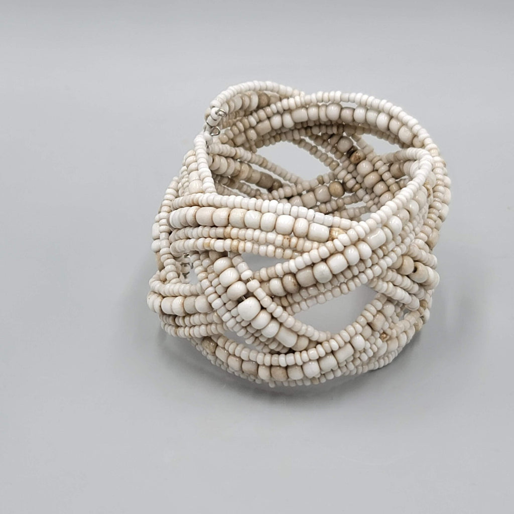 Vintage Cuff Bracelet White Beige Seed Bead Woven 7"+