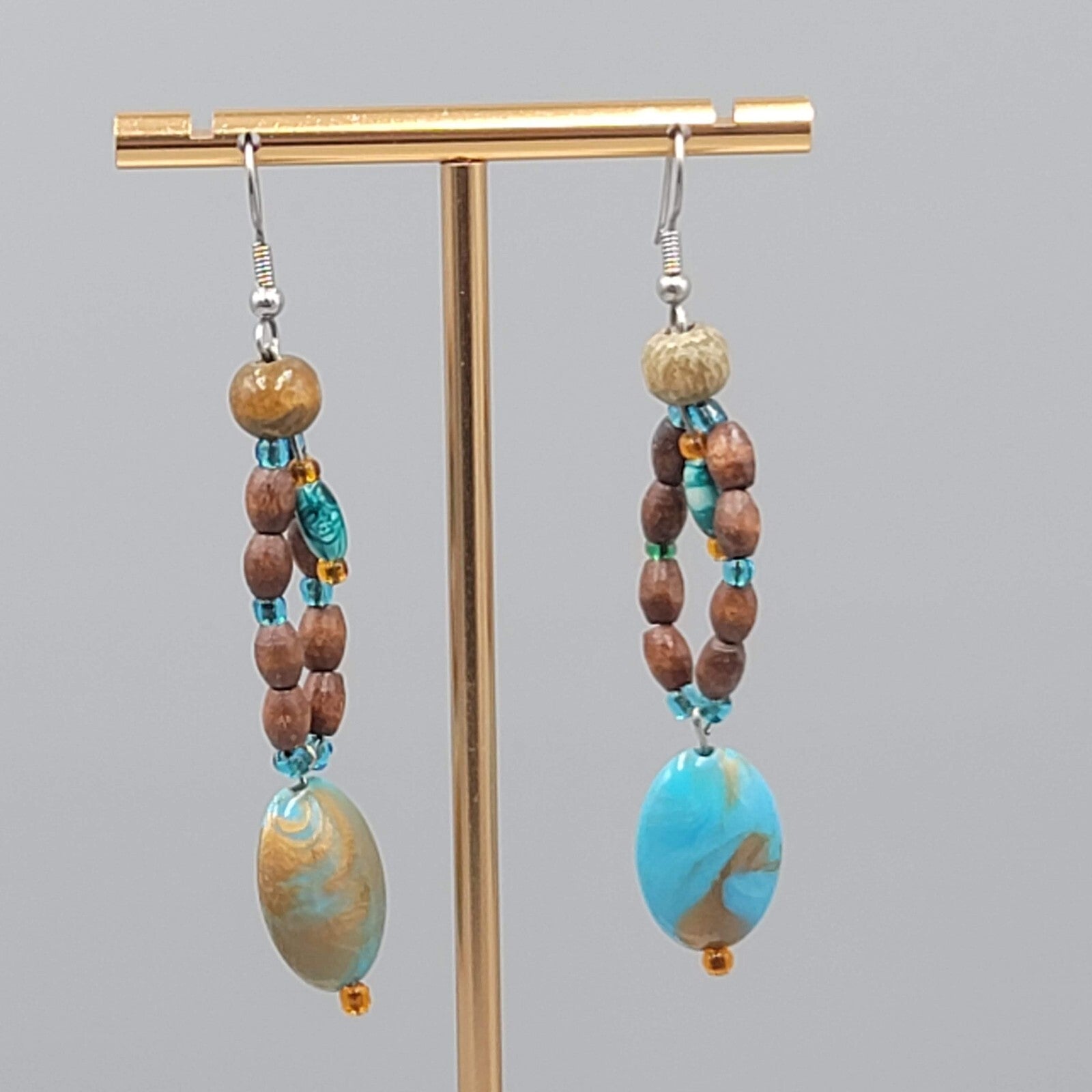Blue Stone Wood Bead Pierced Earrings Artisan Dangle 2.5"