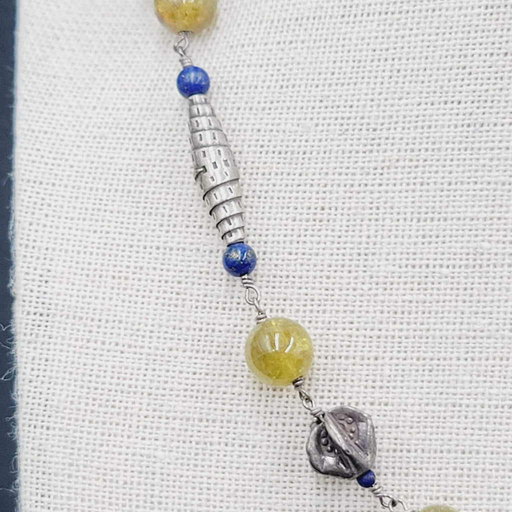 Sterling Silver Necklace Green Glass Blue Lapis Beads 18"-20"