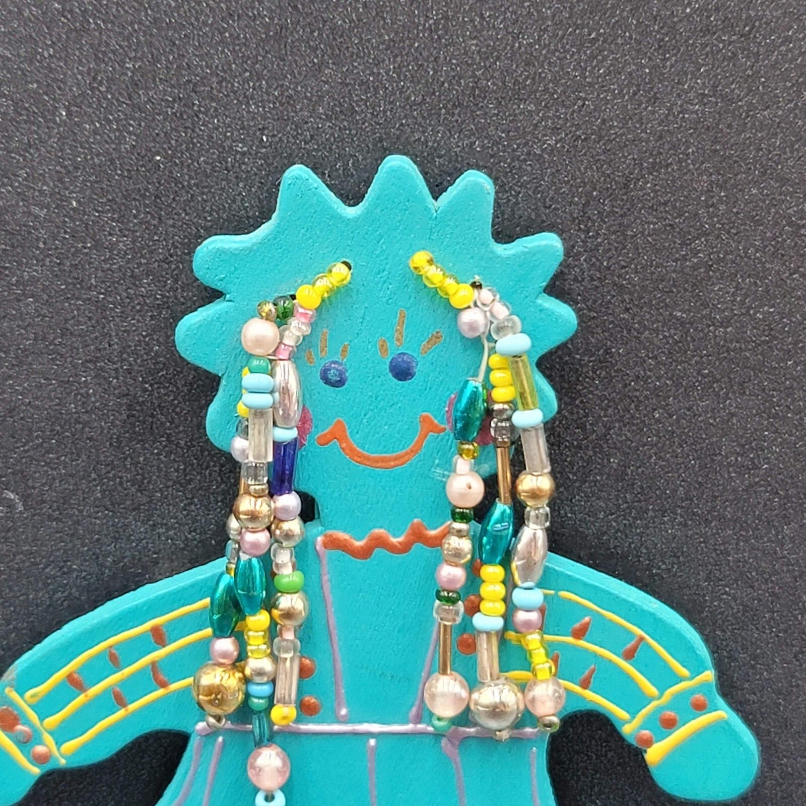 Vintage Brooch Large Handmade Girl Figure Painted Beaded Hair 4"