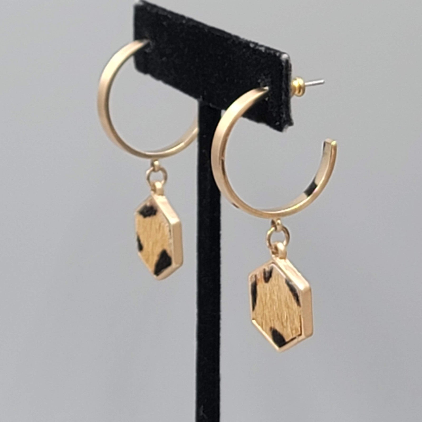 Faux Leopard Print Fur Pierced Earrings Gold tone Dangle 1.75"