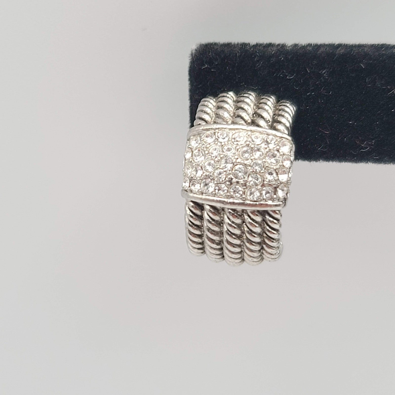 Crystal Pave Hoops Rope Design Pierced Earrings Silver tone Omega Back 3/4 in