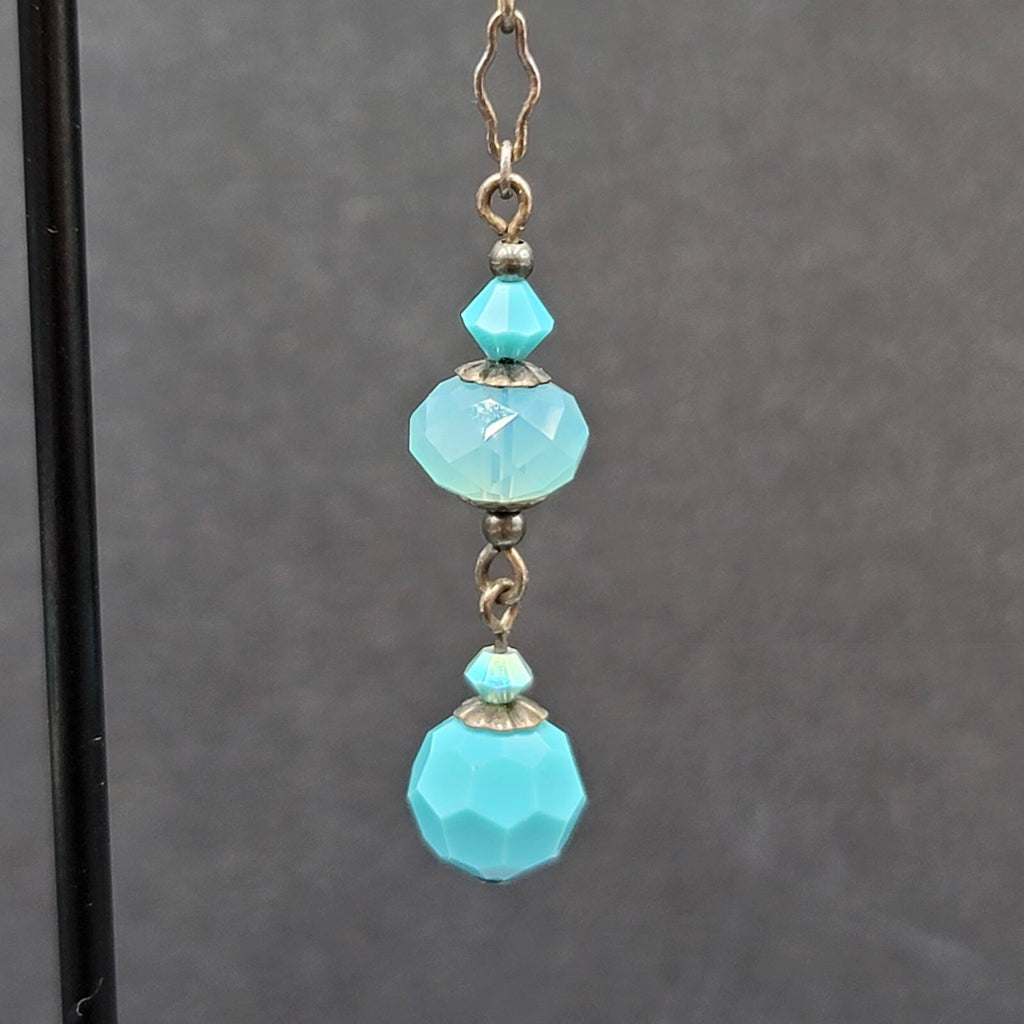 Pierced Earrings Silver tone Blue Faceted Acrylic Beads Dangle 1 5/8"