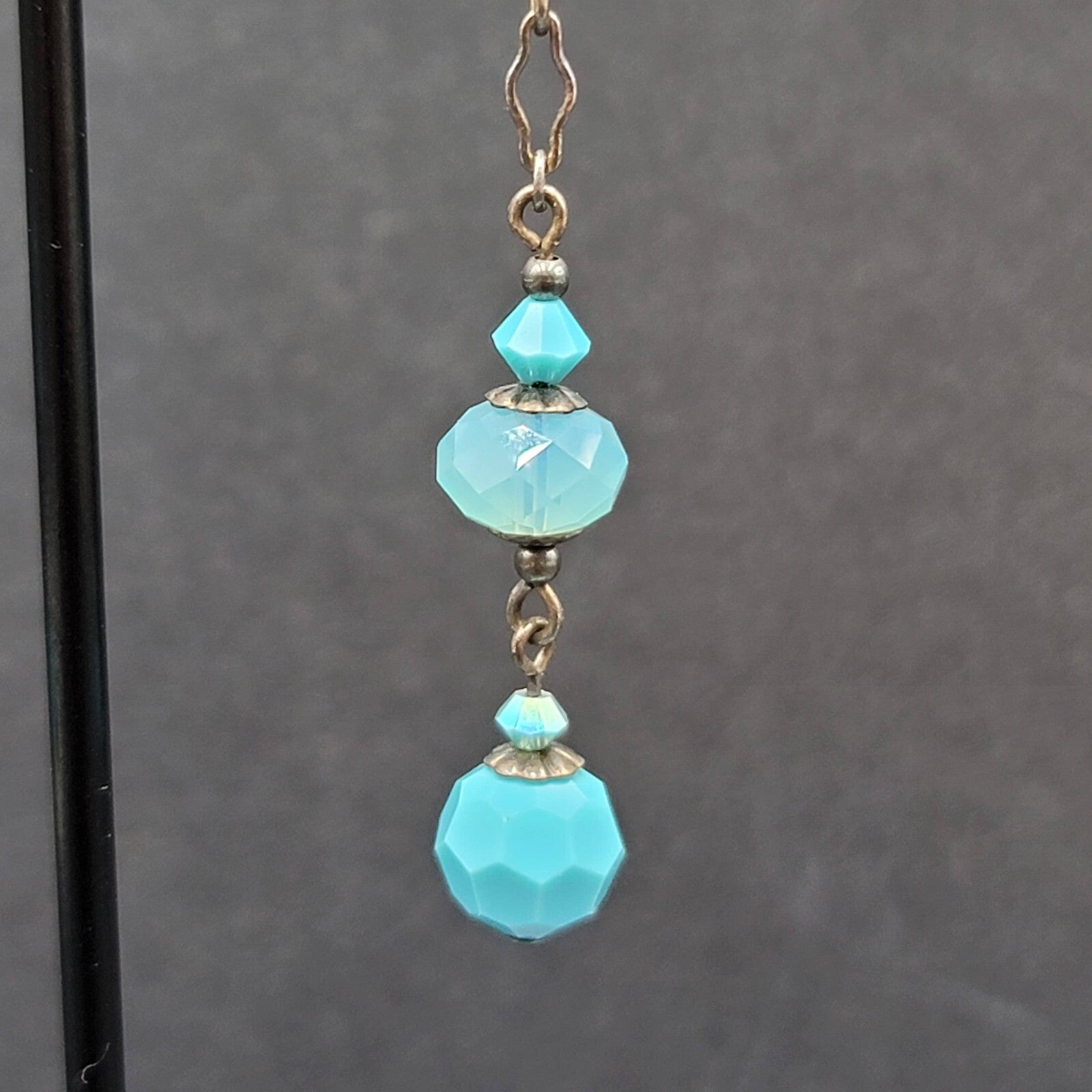 Pierced Earrings Silver tone Blue Faceted Acrylic Beads Dangle 1 5/8"