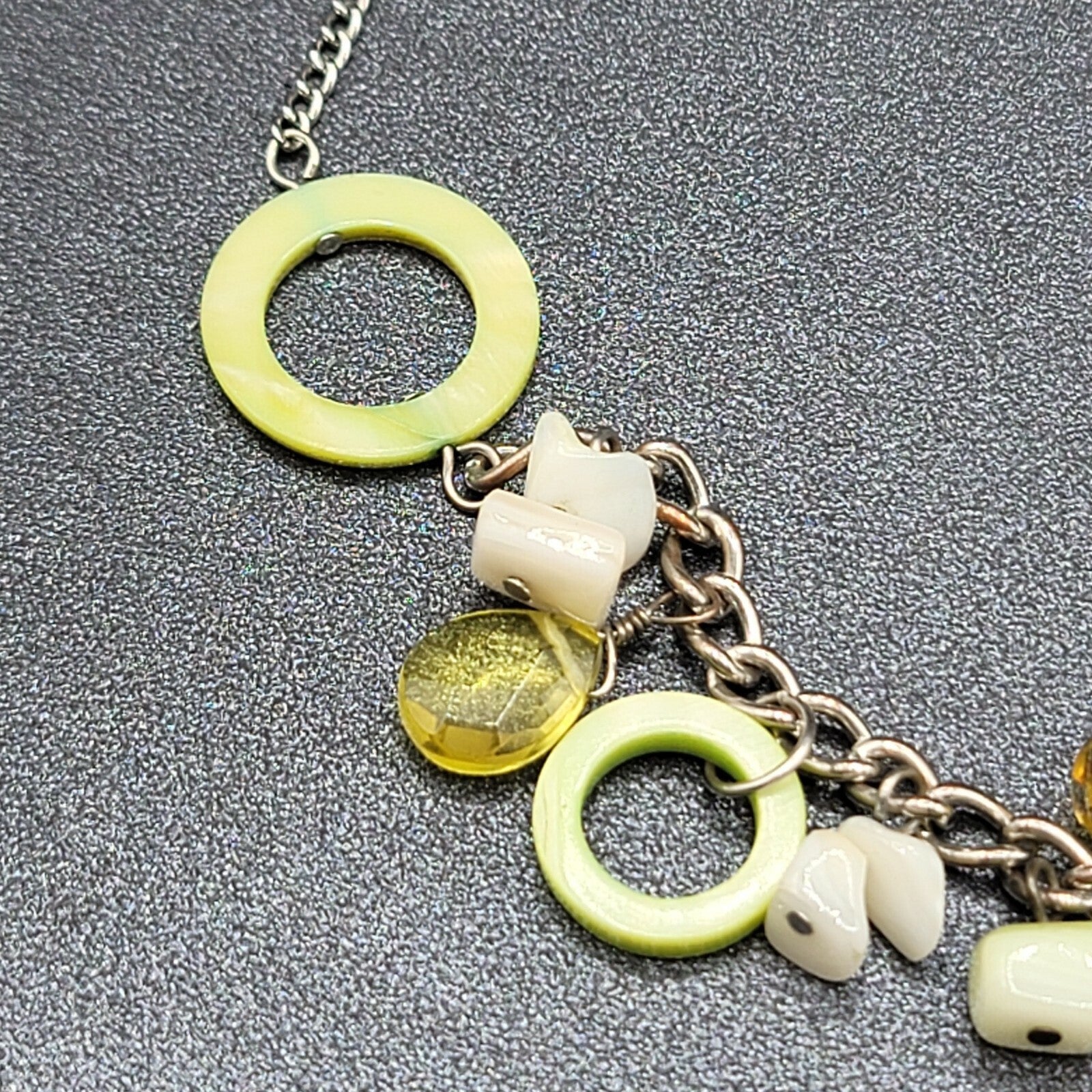 Green Shell Necklace Bohemian Boho Silver tone Crystal Faceted Bead 40"