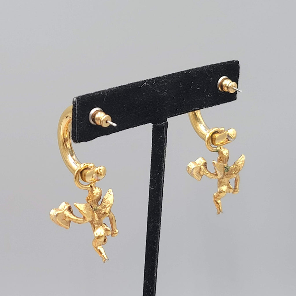 Vintage Angel Heart Hoops Pierced Earrings Gold tone Dangle Rhinestone 2"