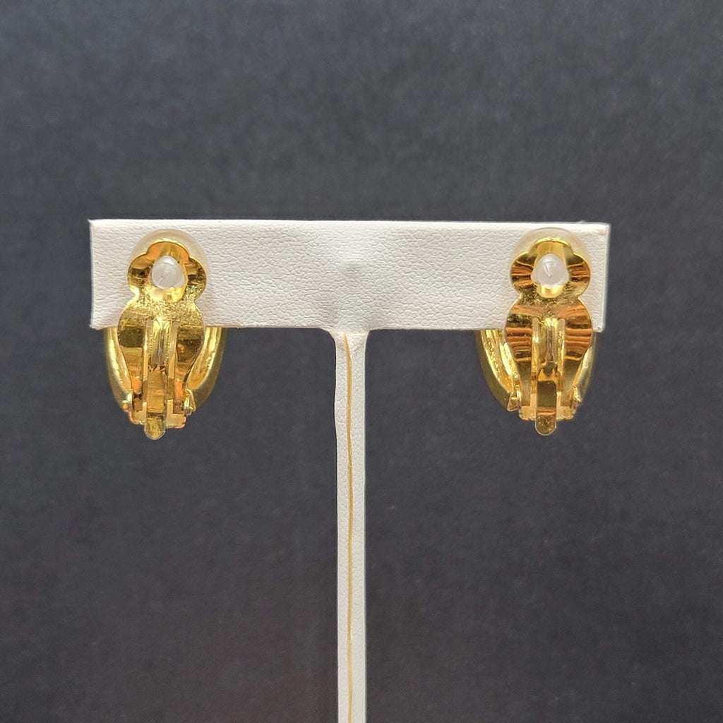Vintage Clip on Earrings Large Gold Plated Black Enamel Drop Half Hoops 1"