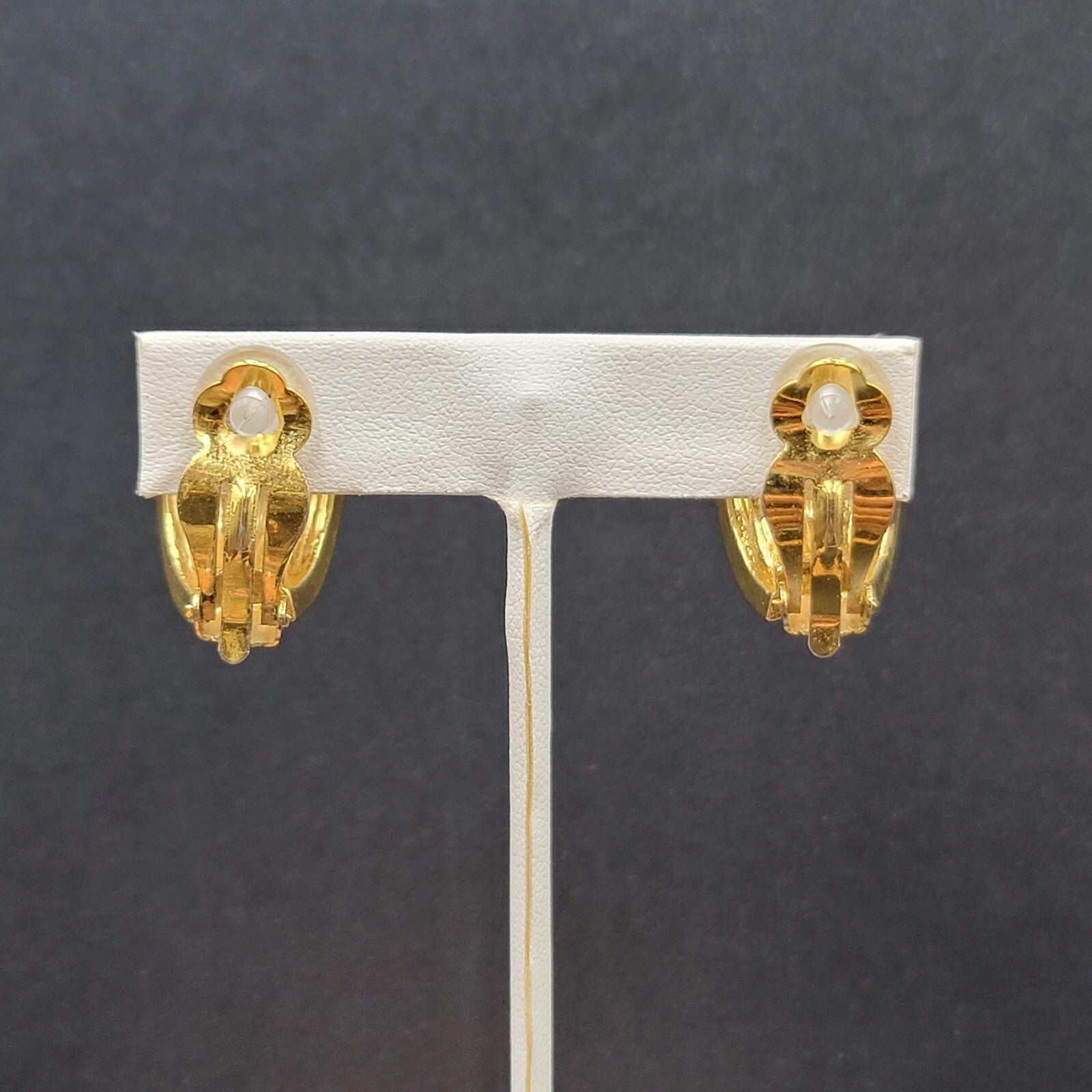 Vintage Clip on Earrings Large Gold Plated Black Enamel Drop Half Hoops 1"