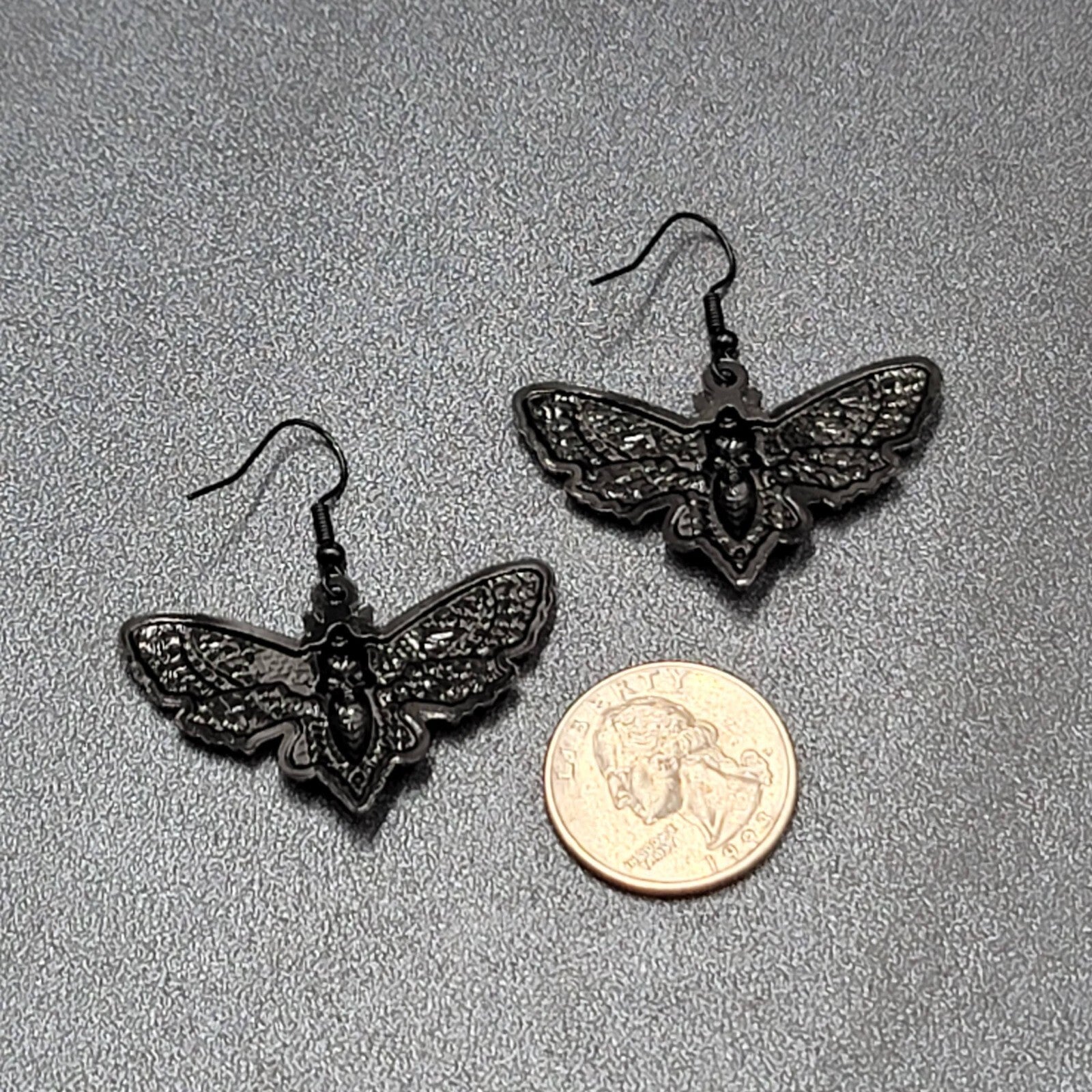 Death Head Moth Pierced Earrings Black Enamel Dangle 1" x 1 5/8" 