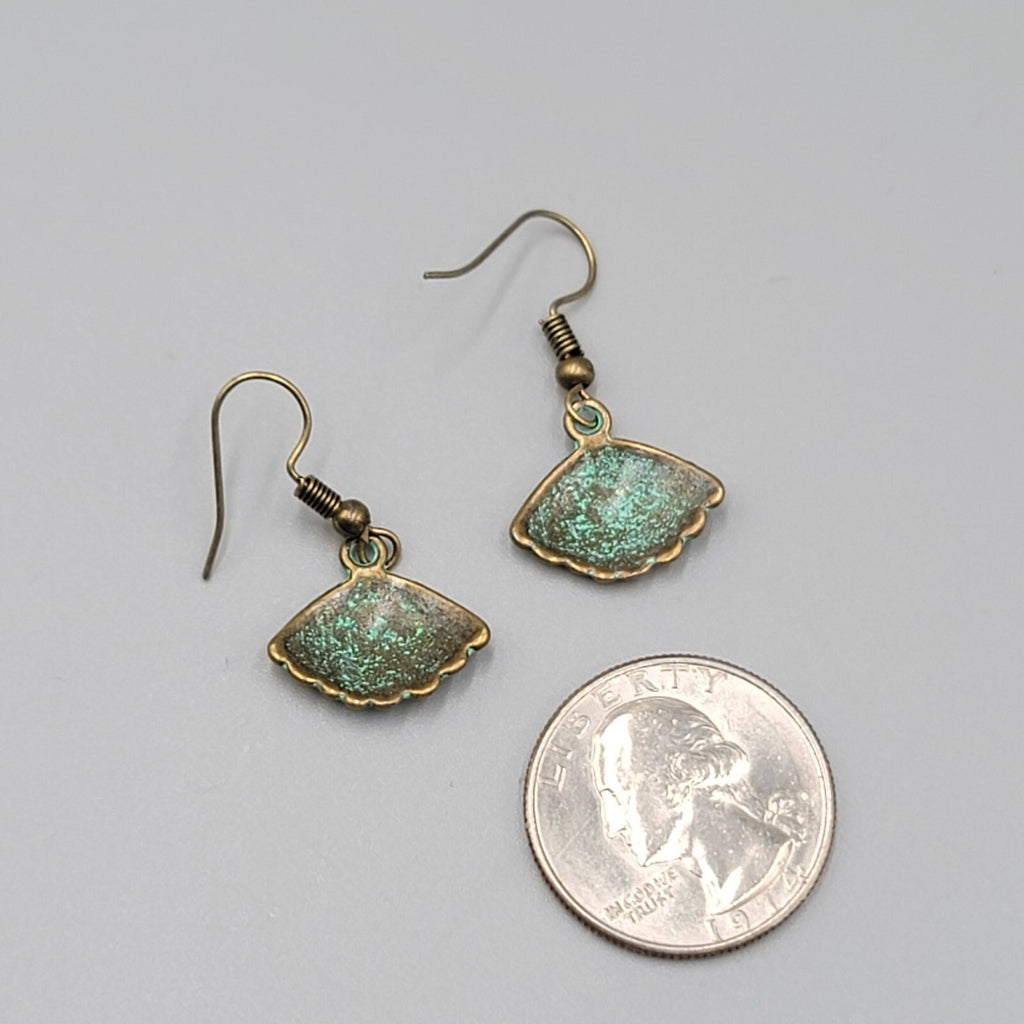 Shell Beach Sealife Pierced Earrings Bronze tone Green wash Dangle Embossed 5/8"