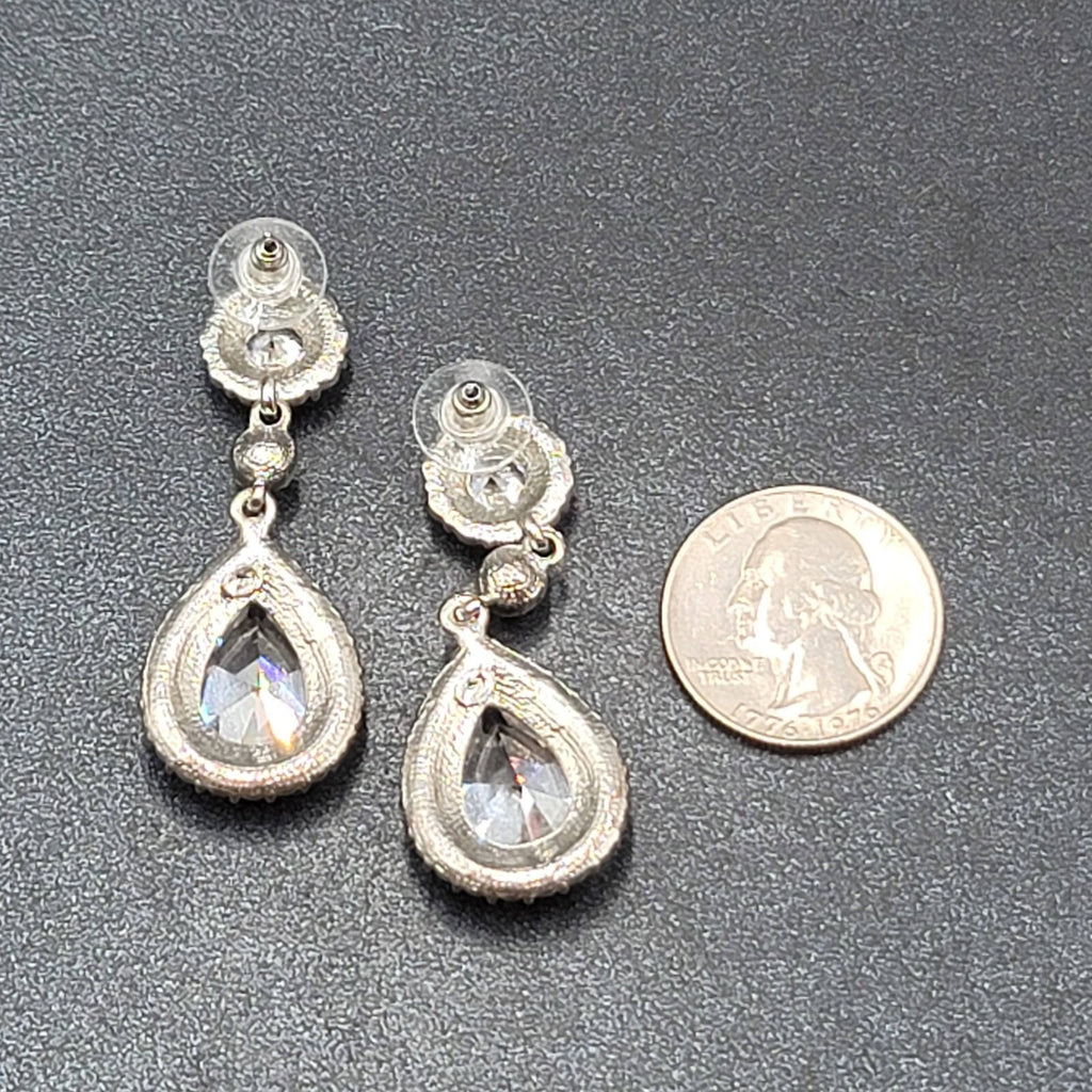 Pierced Earrings Silver tone Large Rhinestone Signed Wedding Prom Well Made 2"