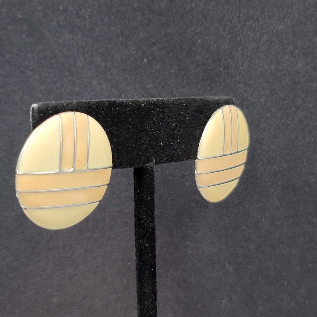 Vintage Pierced Earrings Round Silver tone Peach Tan Enamel 1"