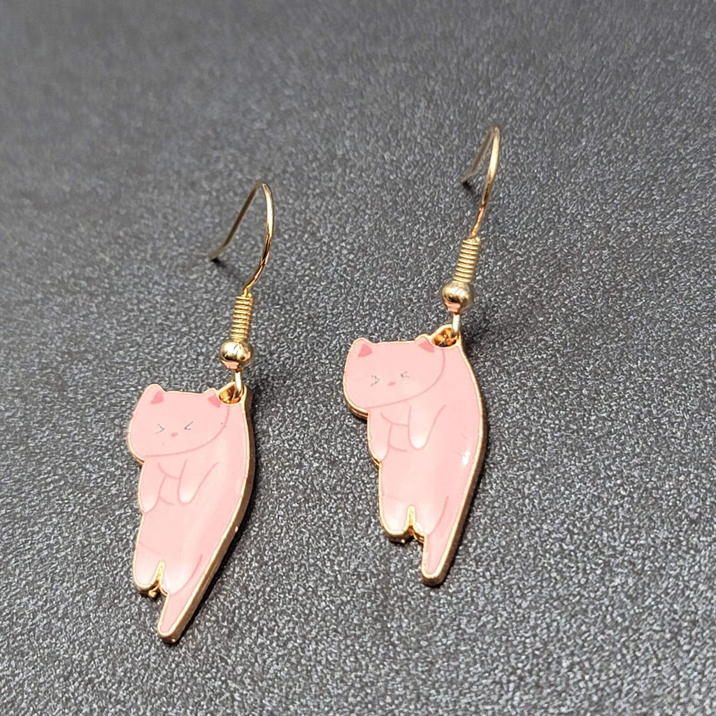Cat Pierced Earrings Kitty Kitten Gold tone Pink Enamel Dangle 1"