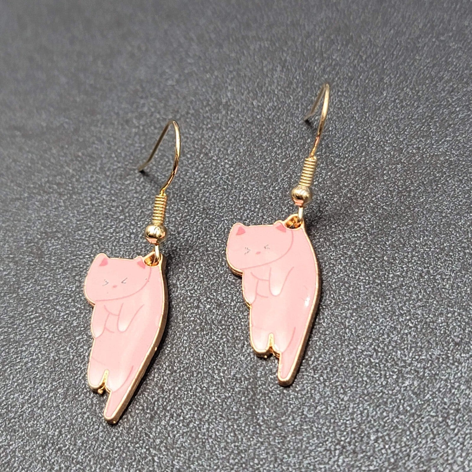 Cat Pierced Earrings Kitty Kitten Gold tone Pink Enamel Dangle 1"