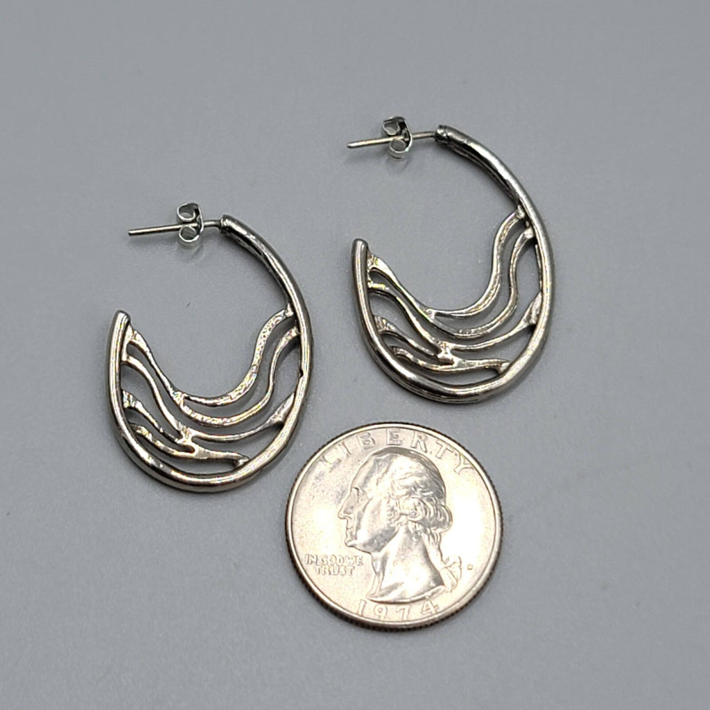 Filigree Hoops Pierced Earrings Silver tone Drop 1.25"