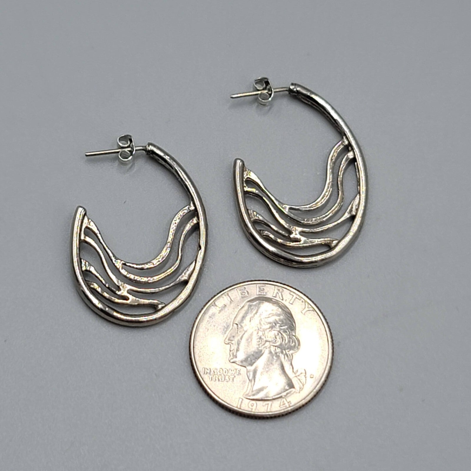 Filigree Hoops Pierced Earrings Silver tone Drop 1.25"