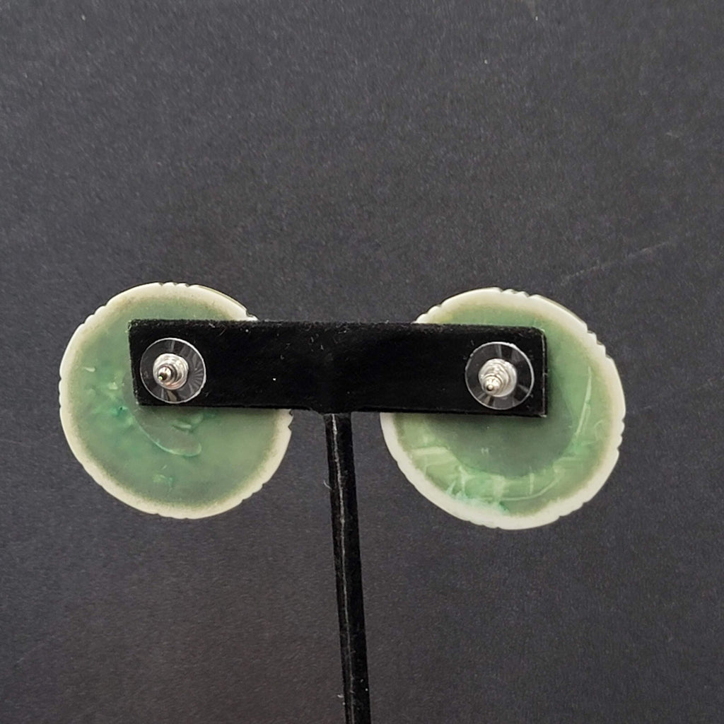 Vintage Pierced Earrings Large Statement Engraved Green Gold White Acrylic  1.5"