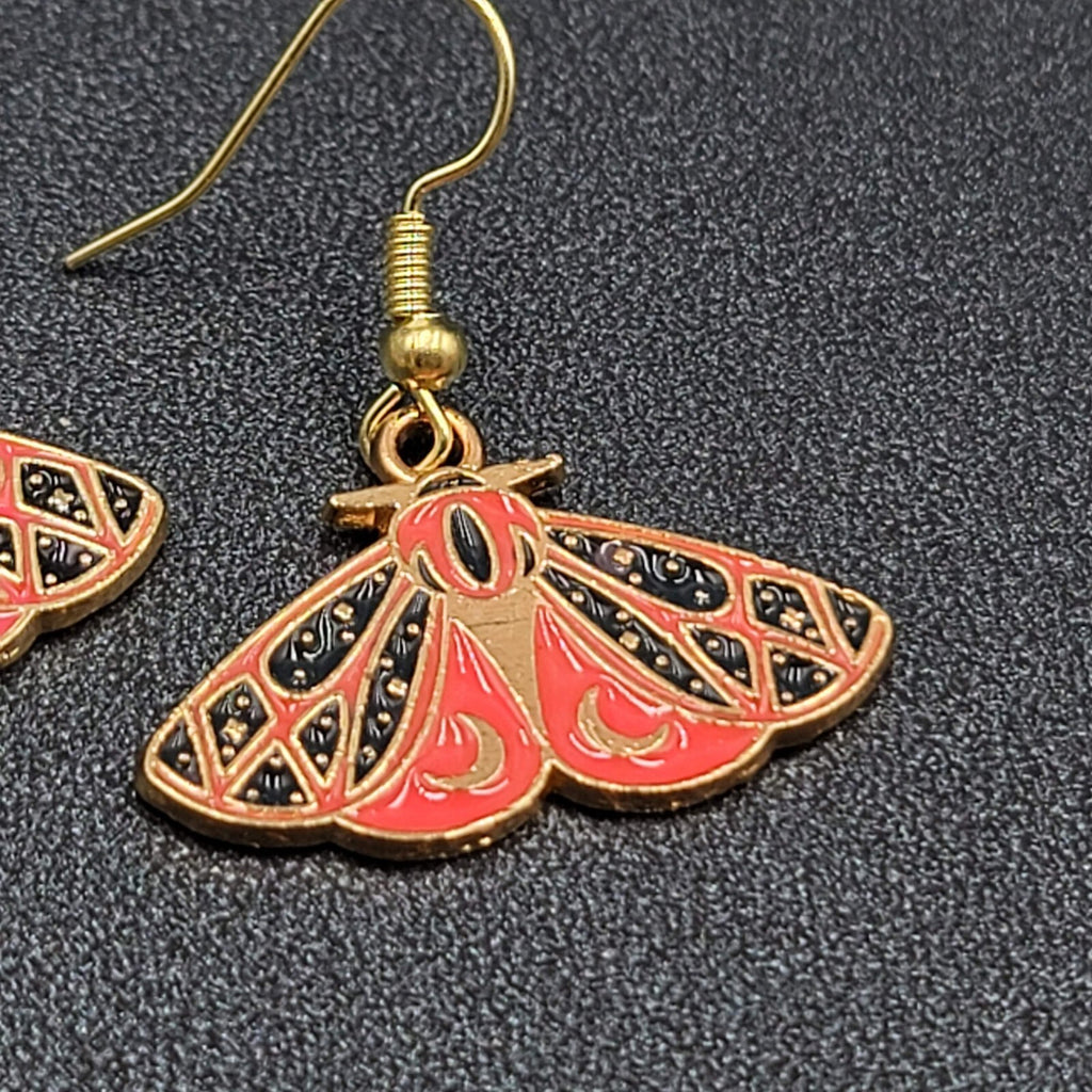 Moth Pierced Earrings Gold tone Pink Black Moons Enamel Dangle 5/8"