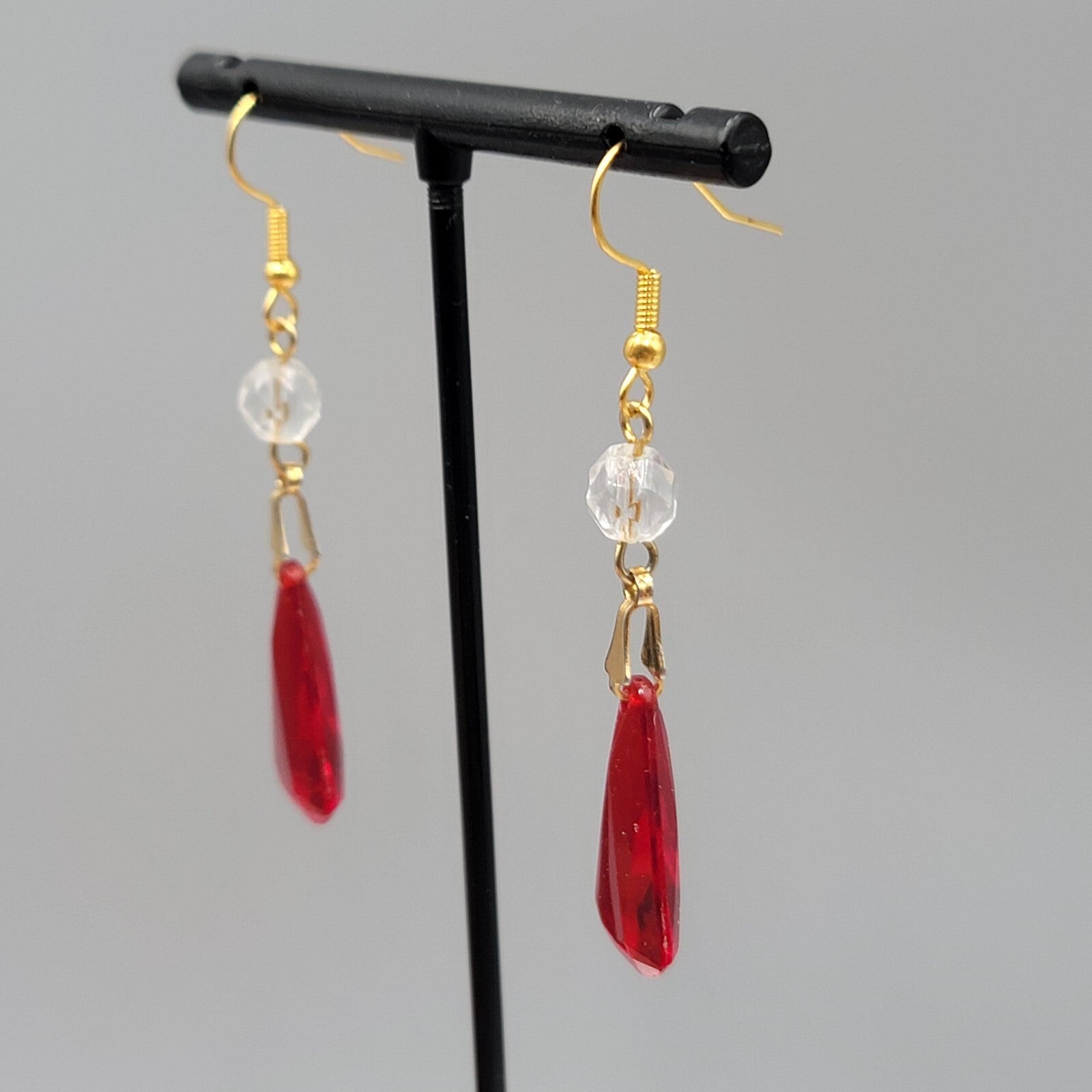 Pierced Earrings  Gold tone Red Clear Acrylic Bead Dangle 1.75" Lightweight