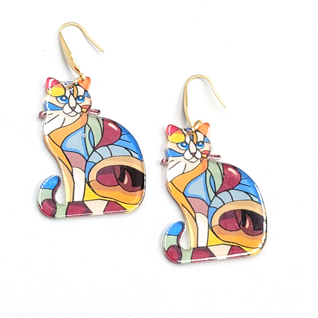 Multicolor Mosiac Kitty Cat Pierced Earrings Acrylic Dangle Gold tone 1.5" long