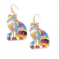 Multicolor Mosiac Kitty Cat Pierced Earrings Acrylic Dangle Gold tone 1.5" long