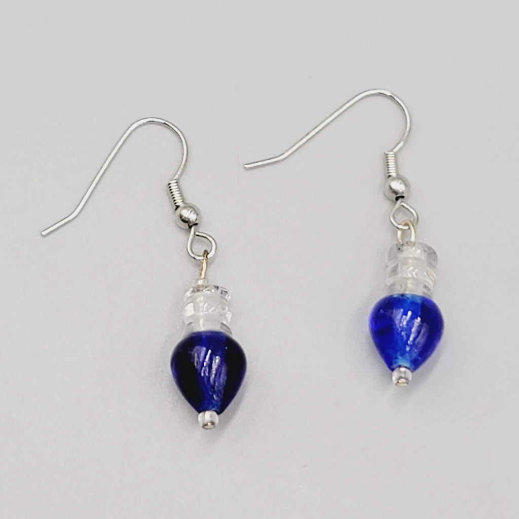 Blue Glass Bead Pierced Earrings Dangle Silver Tone