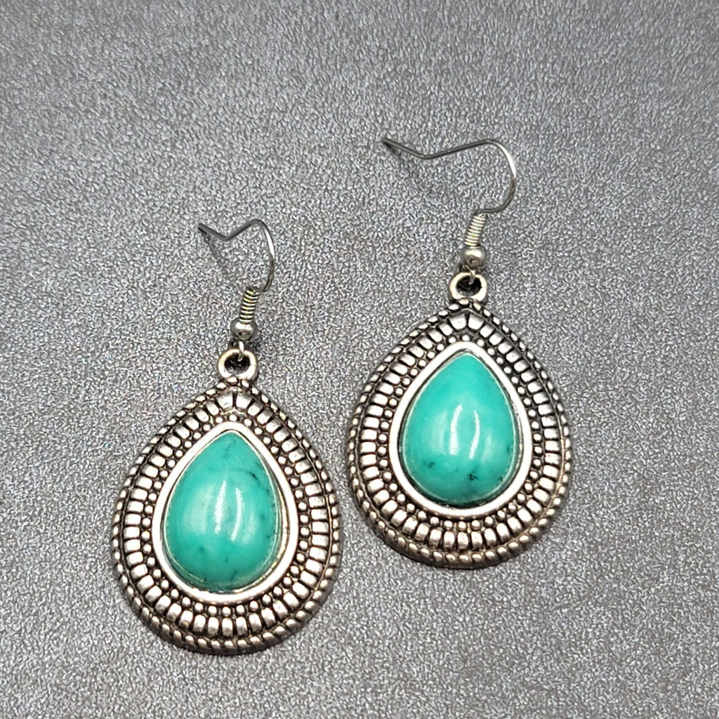 Pierced Earrings Silver tone Faux Resin Turquoise Blue Teardrop Dangle 1 3/8"