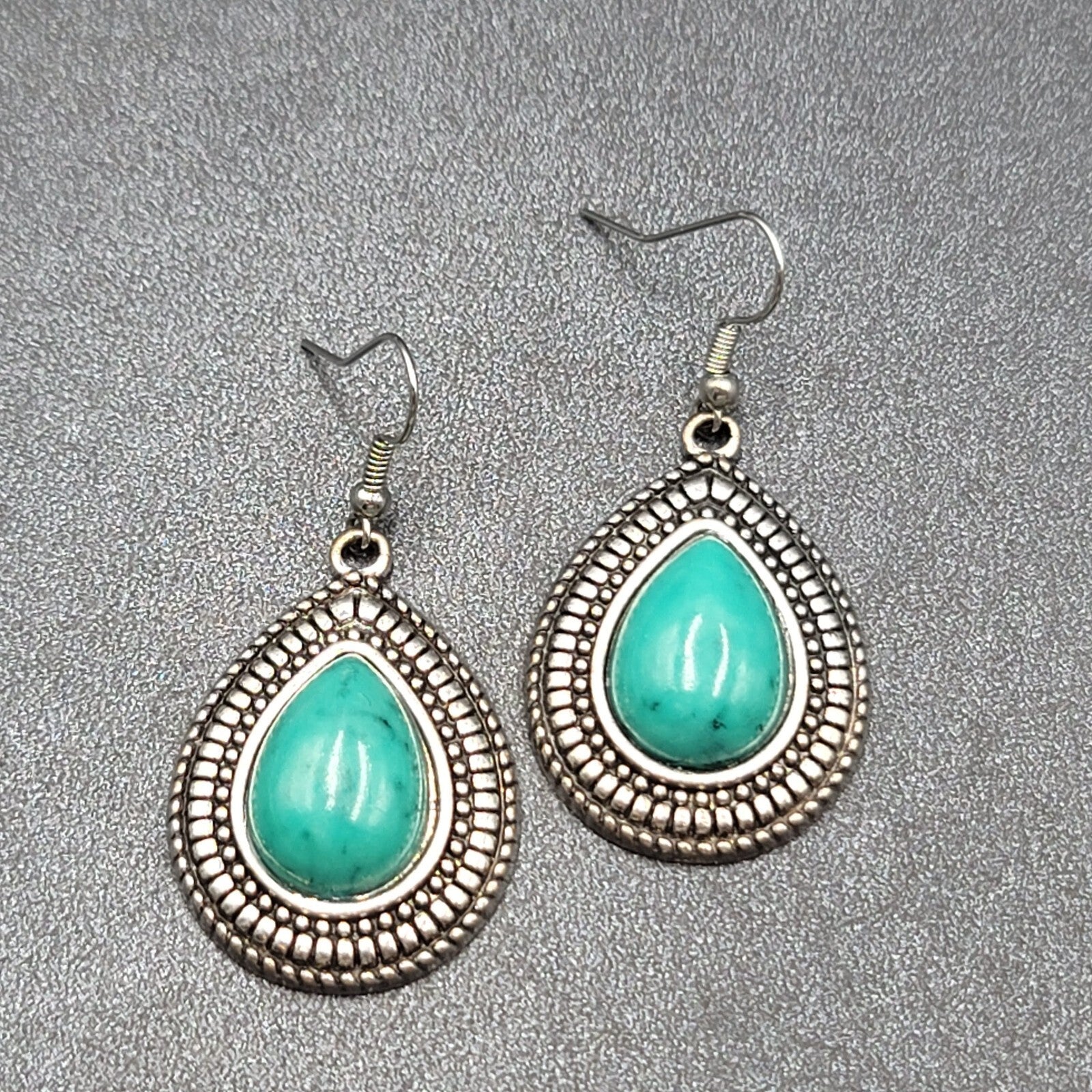Pierced Earrings Silver tone Faux Resin Turquoise Blue Teardrop Dangle 1 3/8"