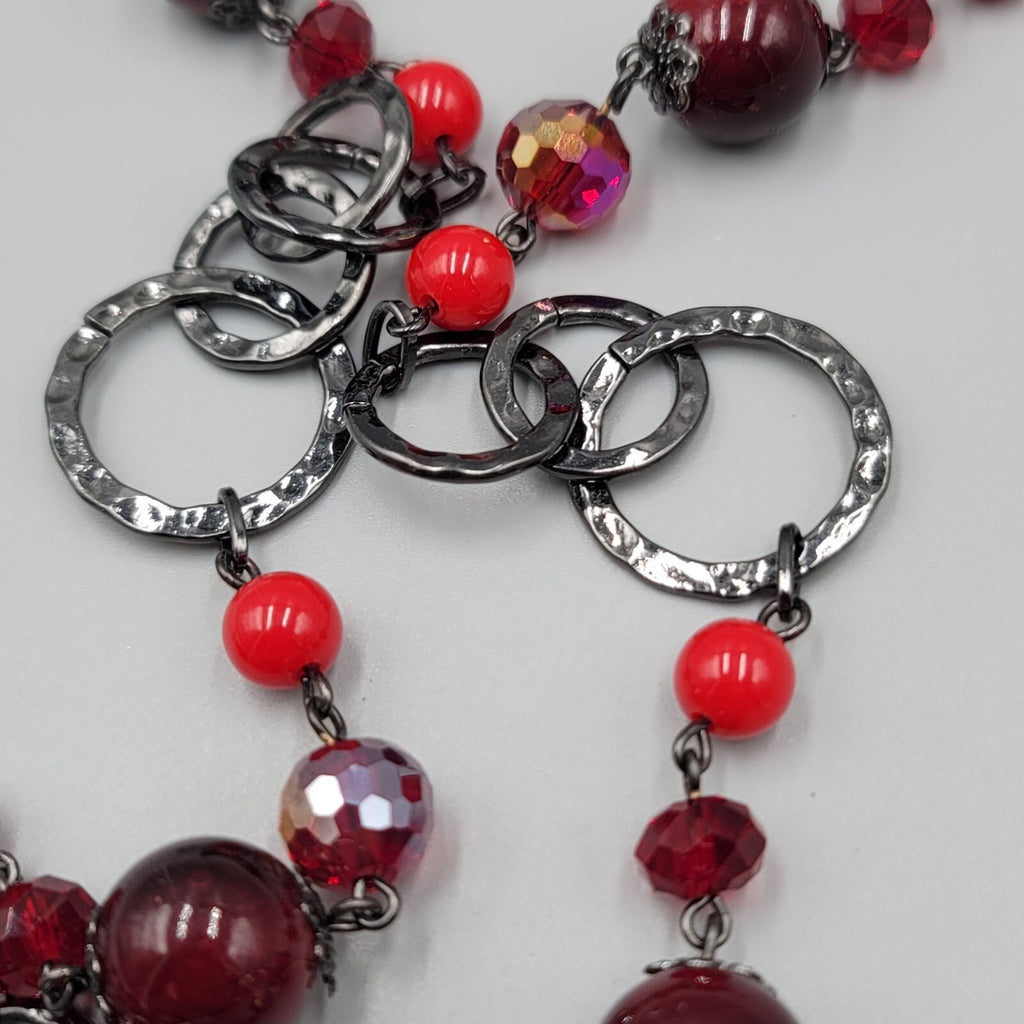 Premier Designs Necklace Black Metal Red Bead Statement Long 38"