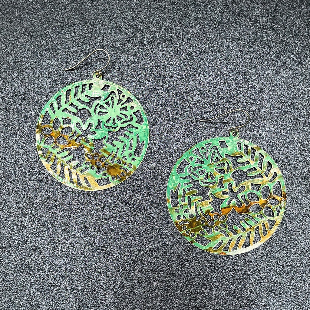 Pierced Earrings Metal Open Work Brown and Green Enamel Medallion Dangle 2"