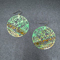 Pierced Earrings Metal Open Work Brown and Green Enamel Medallion Dangle 2"